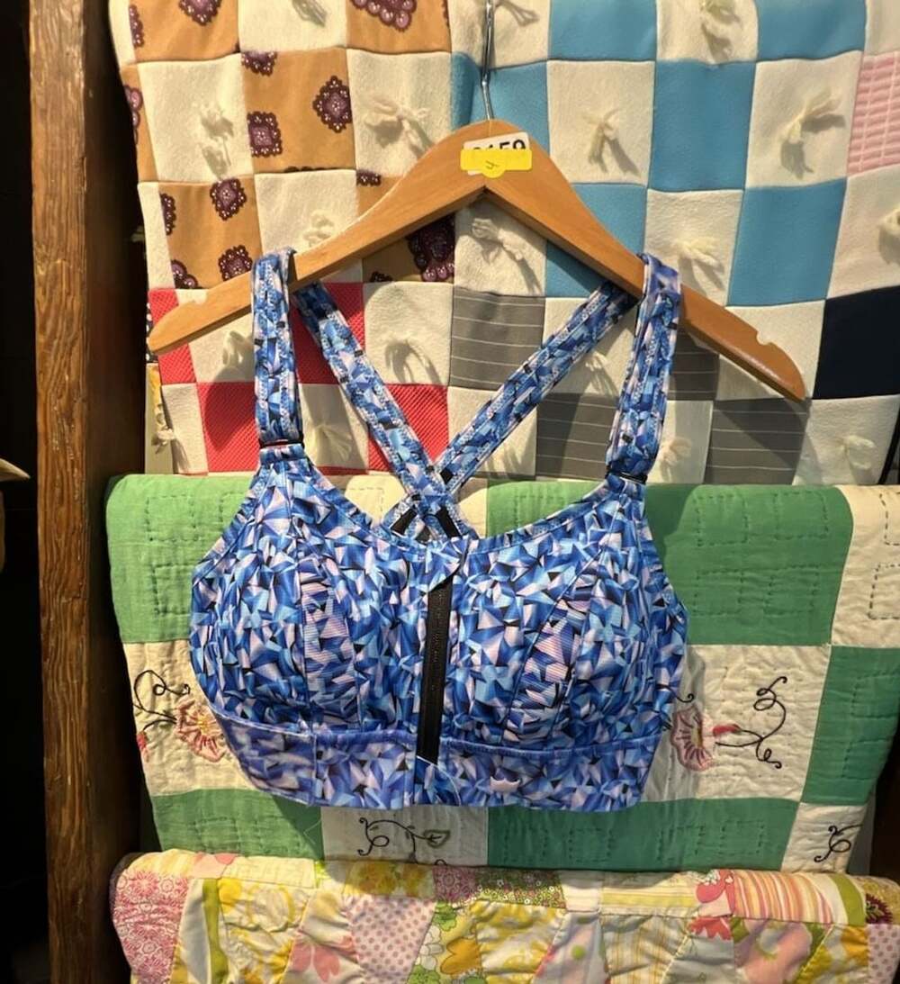 SHEFIT Adjustabust High Impact Zip-Front Sports Bra Blue Mosaic Print Medium